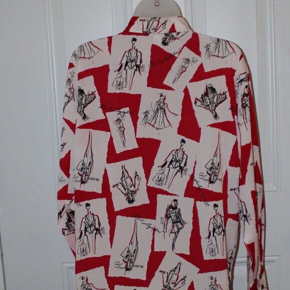 Karl Lagerfeld Paris Womens Size XS Red White Fashionista Printed L/S Button Top - Picture 2 of 9